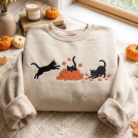 Embroidered Black Cat Sweatshirt, Fall Leaves Autumn Crewneck