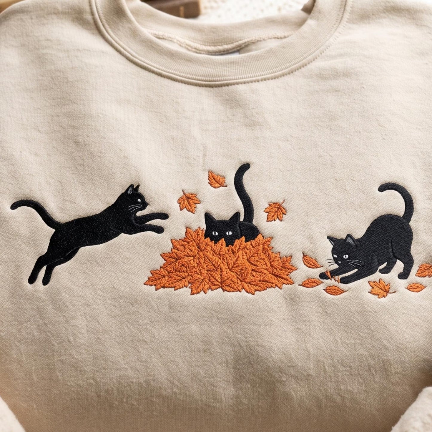 Embroidered Black Cat Sweatshirt, Fall Leaves Autumn Crewneck