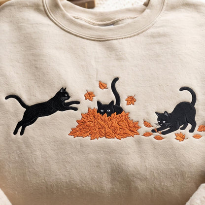 Embroidered Black Cat Sweatshirt, Fall Leaves Autumn Crewneck