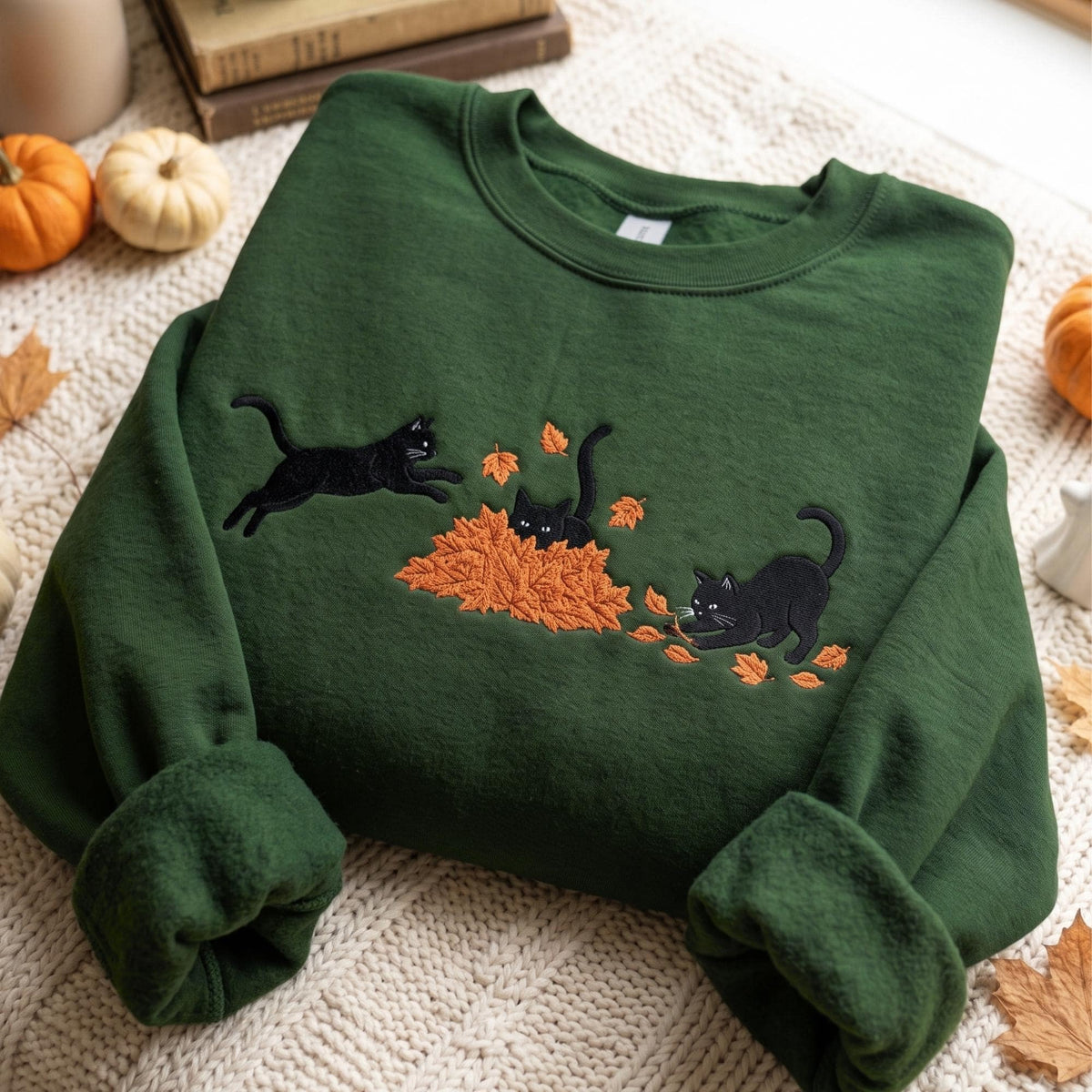 Embroidered Black Cat Sweatshirt, Fall Leaves Autumn Crewneck