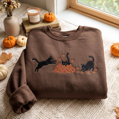Embroidered Black Cat Sweatshirt, Fall Leaves Autumn Crewneck