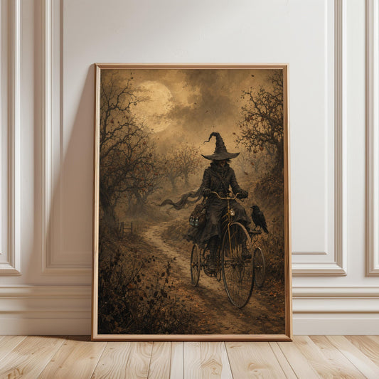 Witch on Bicycle Gothic Halloween Canvas Wall Art, Moody Dark Cottagecore Deco