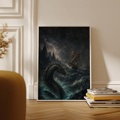 Sea Dragon Wall Art, Dark Nautical Canvas Print, Mythical Ocean Decor